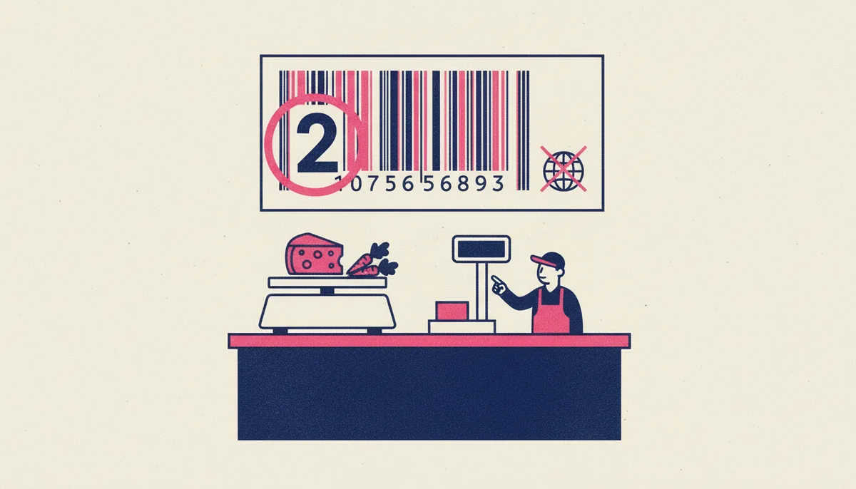 Une étiquette de balance agrandie au-dessus d'un comptoir : le premier chiffre 2 du code-barres est entouré, un globe barré à côté