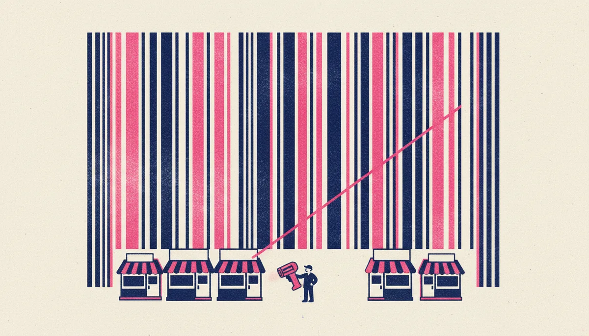 Un code-barres géant dont les barres forment l'horizon d'une rue de petits commerces, qu'un commerçant scanne