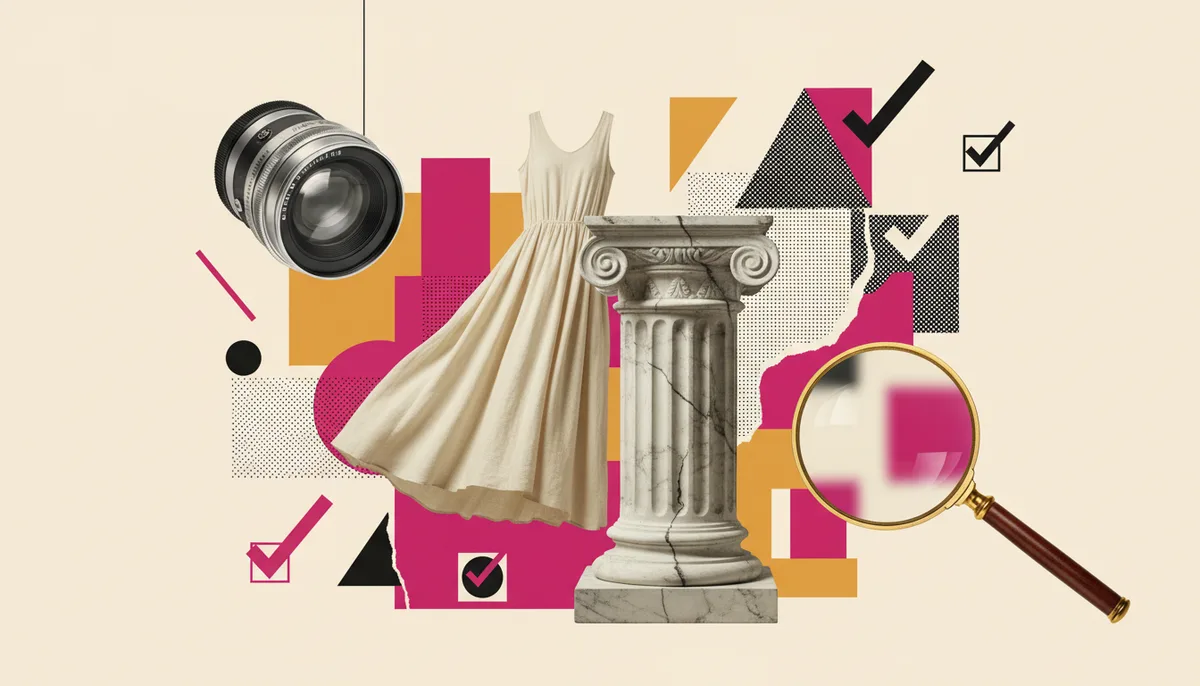 Collage : une robe en lin sur un piédestal, entourée d'un objectif photo, d'une loupe et de coches
