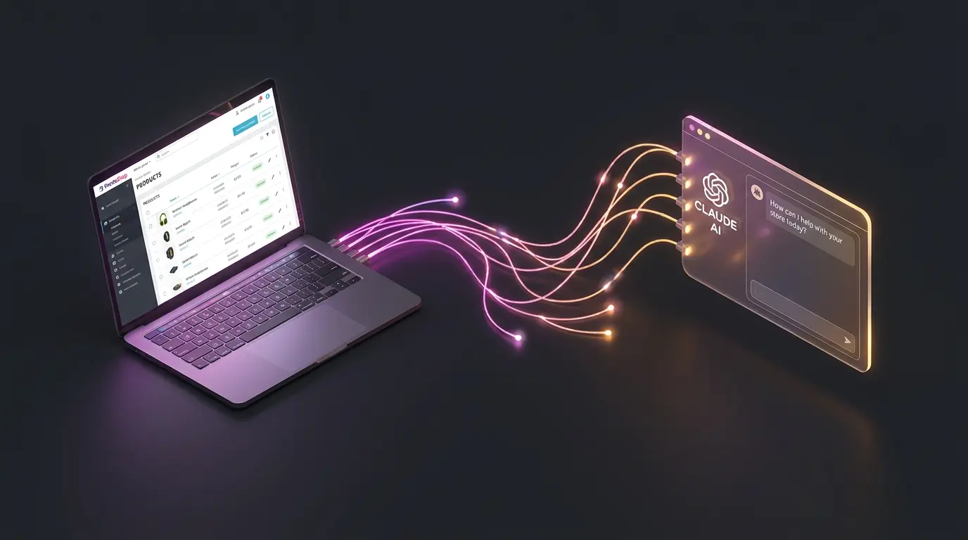 Illustration de la connexion entre un site e-commerce PrestaShop et l'intelligence artificielle Claude d'Anthropic