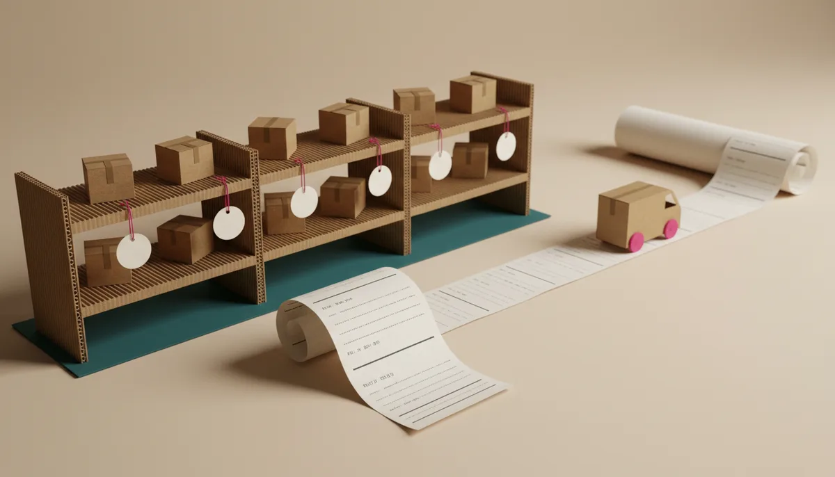 Diorama en carton : une facture déroulée comme une route mène à des étagères de colis étiquetés