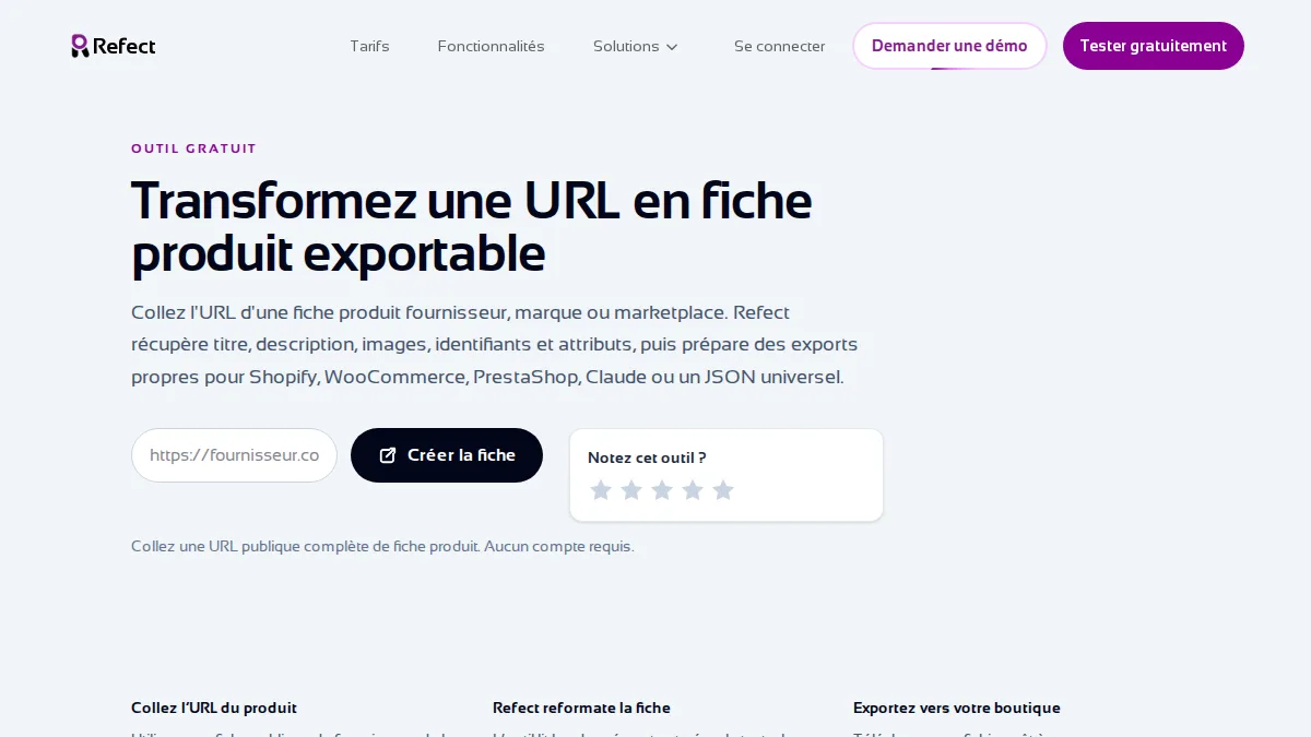 Outil gratuit Refect pour créer une fiche produit depuis une URL