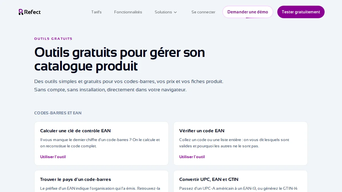 Outils gratuits Refect pour le catalogue produit